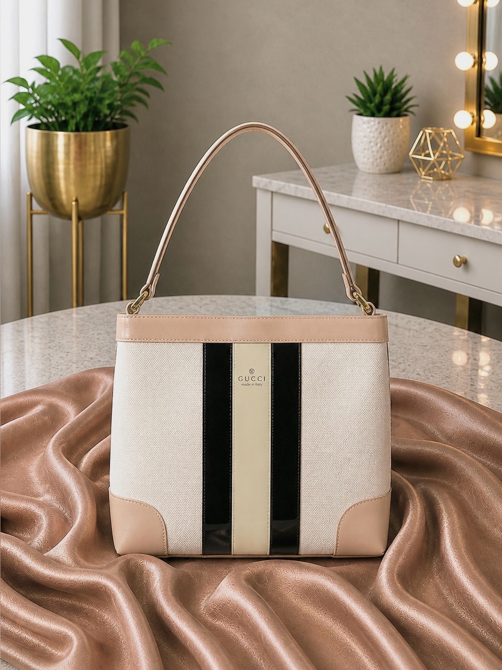 Gucci Canvas Tote Bag – Beige & Black Stripe with Gold Logo